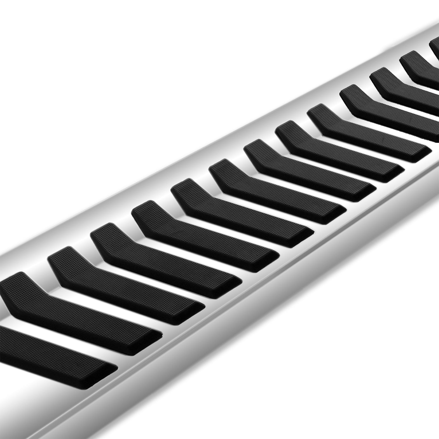 An upclose image of the silver stainless steel OEM style full tread running boards' tread pattern.