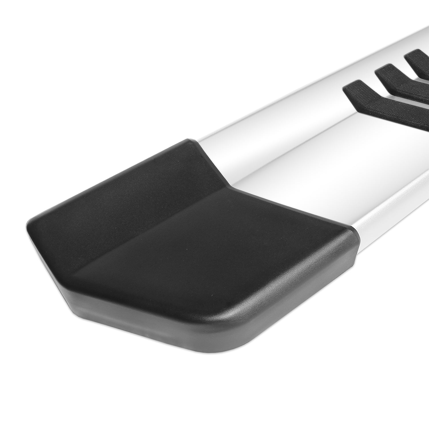 An upclose image of the silver stainless steel OEM style full tread running boards' secure edge.