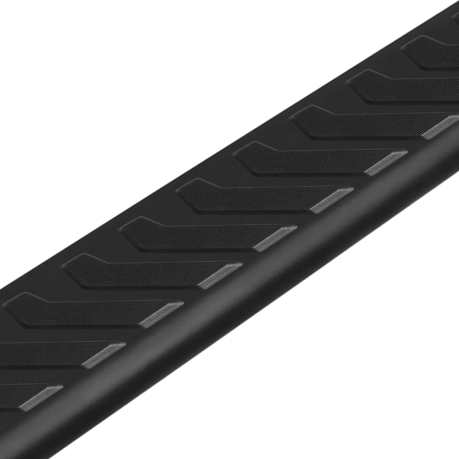 A close up product image of CYC Engineering's 5 inch OEM Style Full Tread Slide Track Running Boards detailing its Black Textured Aluminum tread.