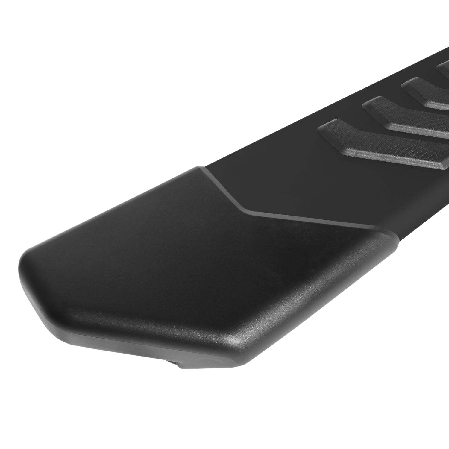 A zoomed in product image of CYC Engineering's 5 inch OEM Style Full Tread Slide Track Running Boards in Black Textured Aluminum showing off it's fine detailed edge.