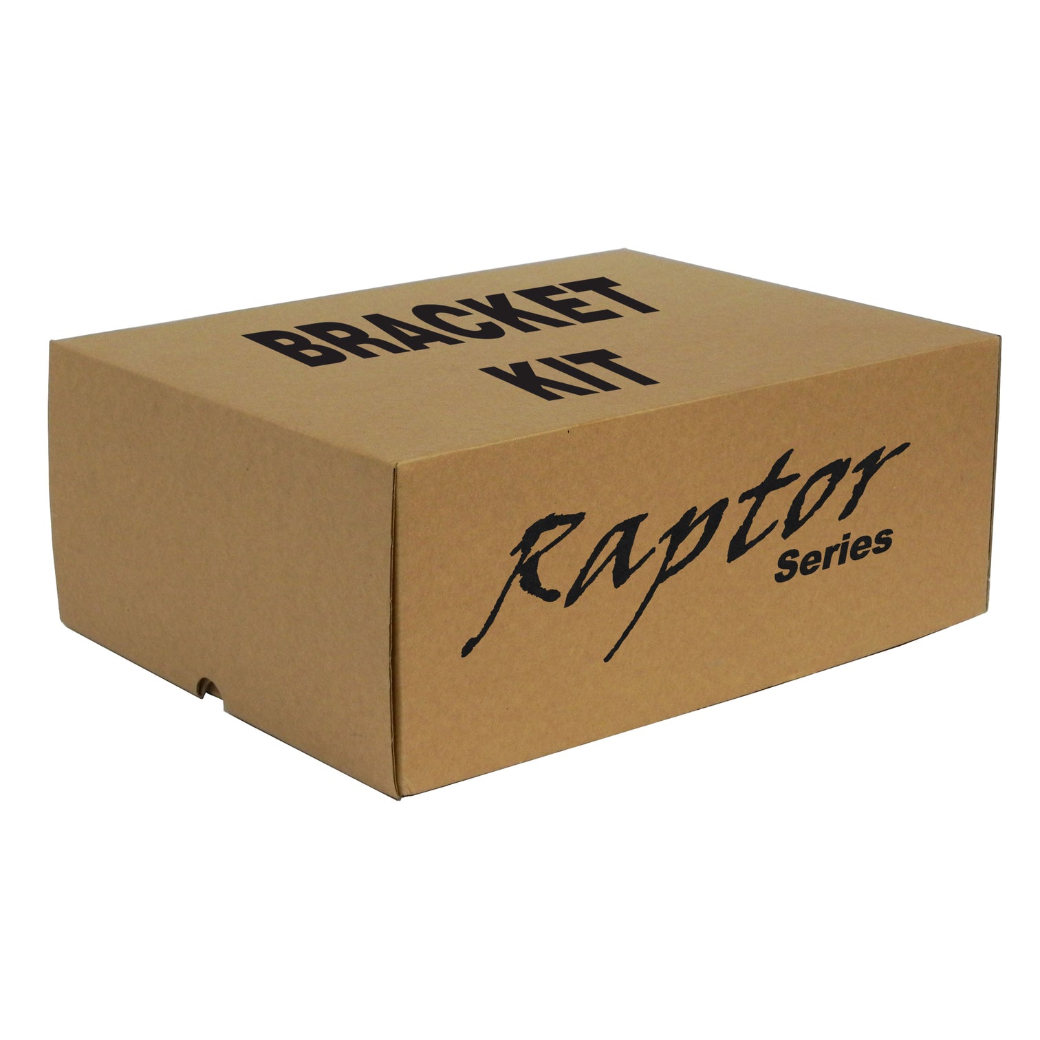 A brown cardboard box labeled "Bracket Kit" on the top and "Raptor Series" on the side in which the HD workstep running board bracket kit is stored.