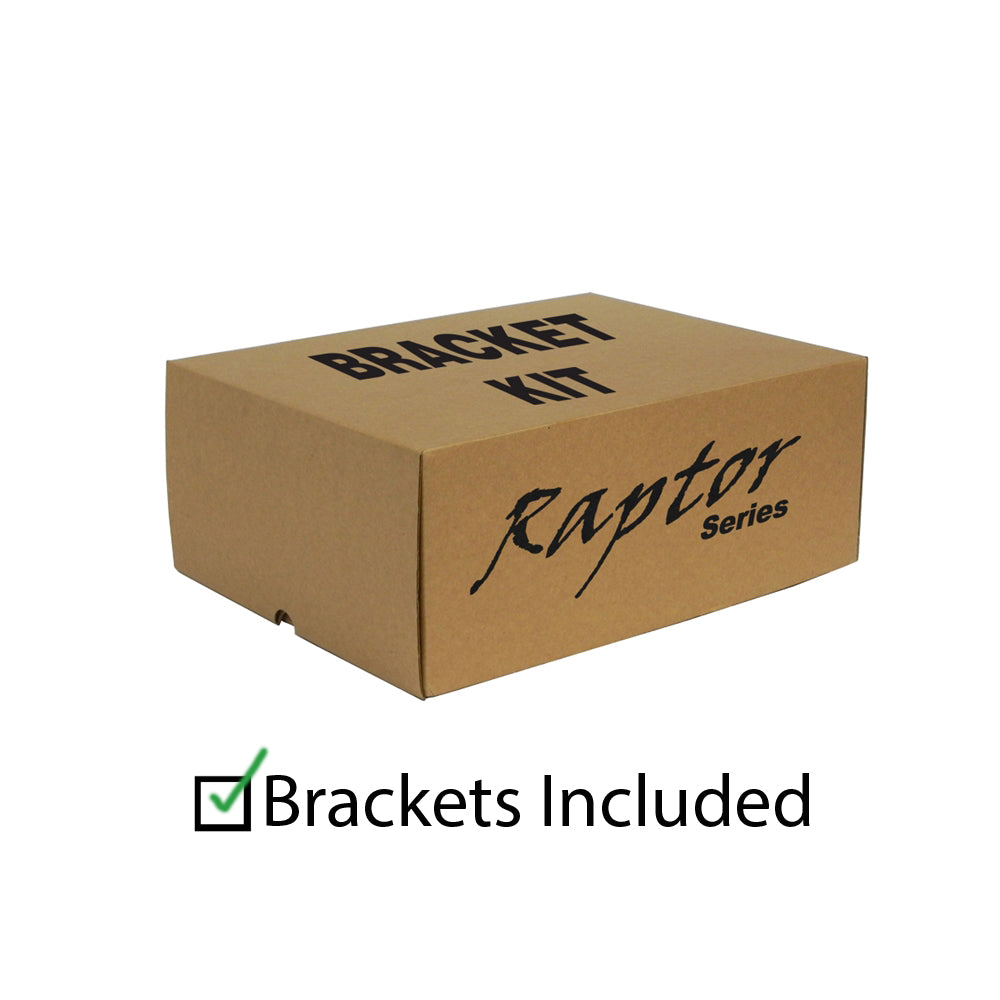 A cardboard box labeled "Raptor Series Bracket Kit" which is included with the black running board for easy attachment.